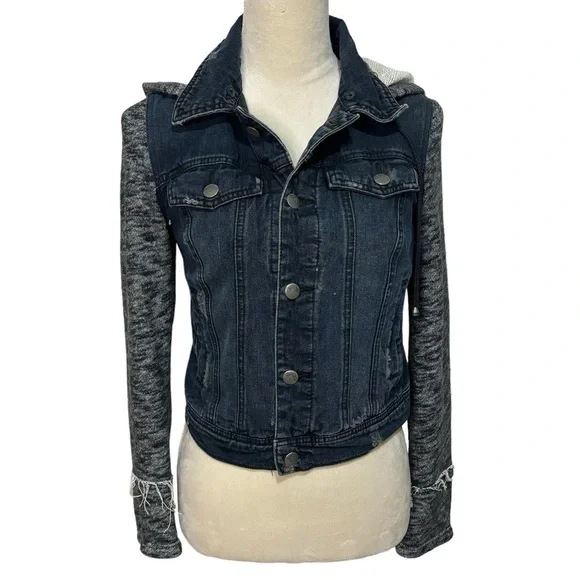 Free People Distressed Denim Jean Knit Sweatshirt Hoodie Jacket size XS - Picture 5 of 13